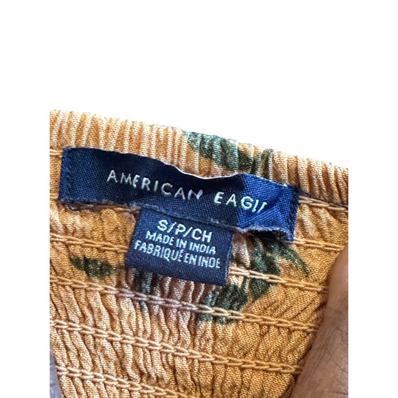 American Eagle Women's Babydoll Sundress Mustard Yellow Floral Smocked Back Cott - Picture 3 of 9